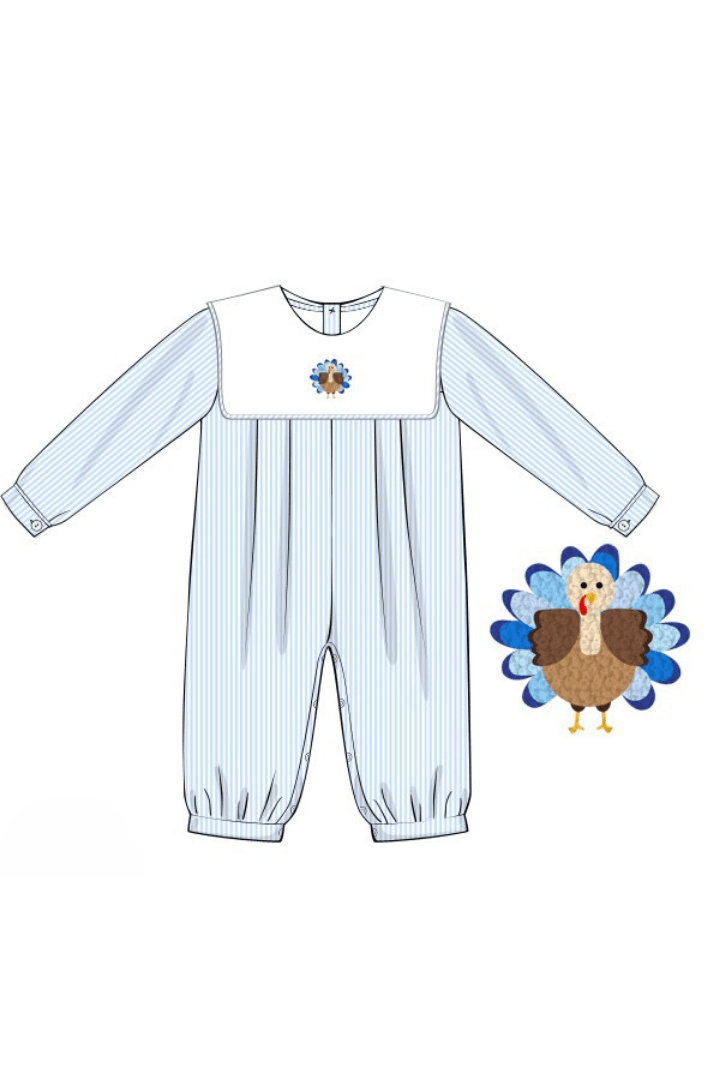 The Smocked Flamingo Apparel & Accessories Pre-Order French Knot Turkey Blue Stripe Romper