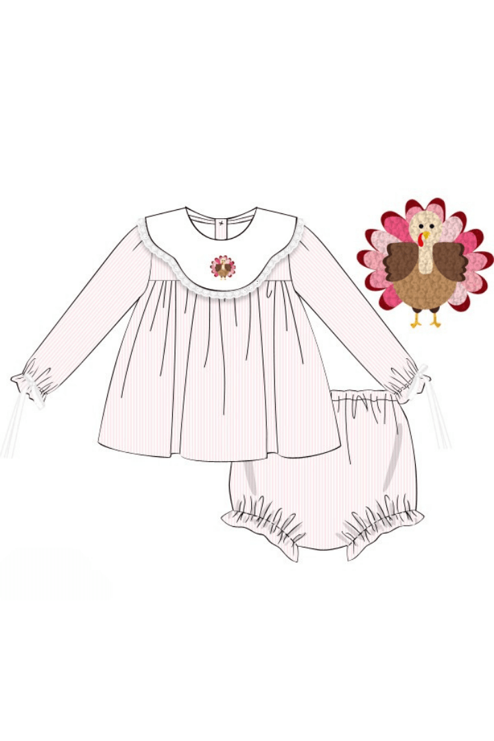 The Smocked Flamingo Apparel & Accessories Pre-Order French Knot Turkey Pink Stripe Bloomer Set
