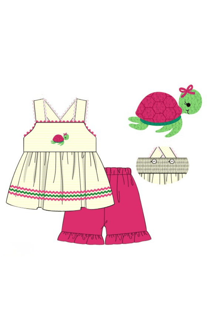 The Smocked Flamingo Apparel & Accessories Pre-Order French Knot Turtle Yellow/Pink Stripe Short Set