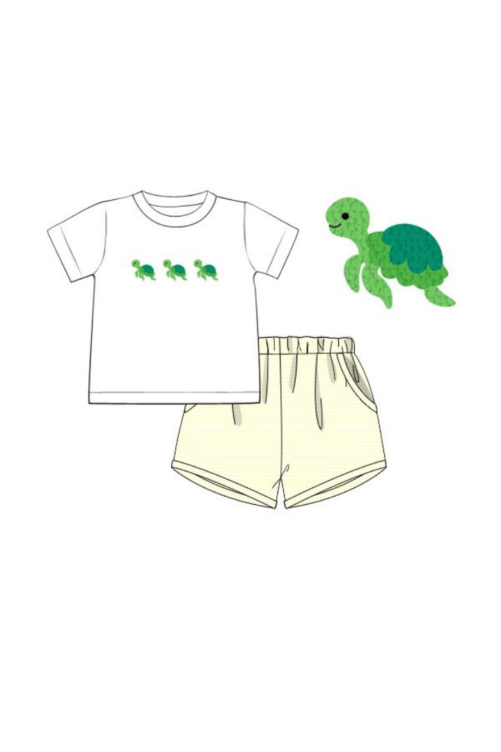 The Smocked Flamingo Apparel & Accessories Pre-Order French Knot Turtle Yellow Stripe Short Set