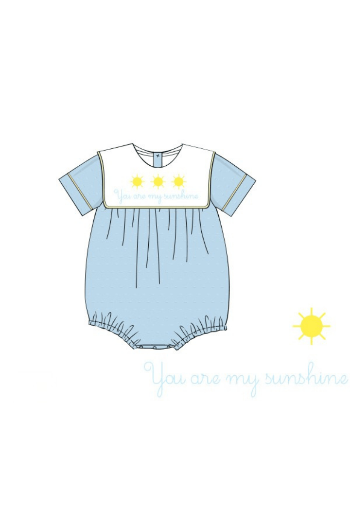 The Smocked Flamingo Apparel & Accessories Pre-Order French Knot You Are My Sunshine Blue Swiss Dot Bib Bubble