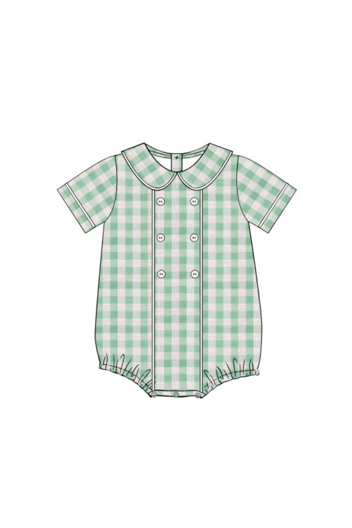 The Smocked Flamingo Apparel & Accessories Pre-Order Green Gingham Linen Button Bubble