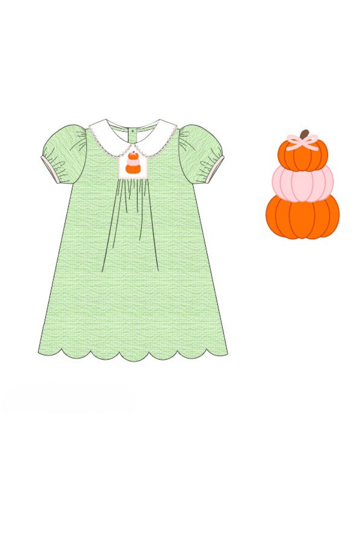 The Smocked Flamingo Apparel & Accessories Pre-Order Green Seersucker Pumpkin Dress