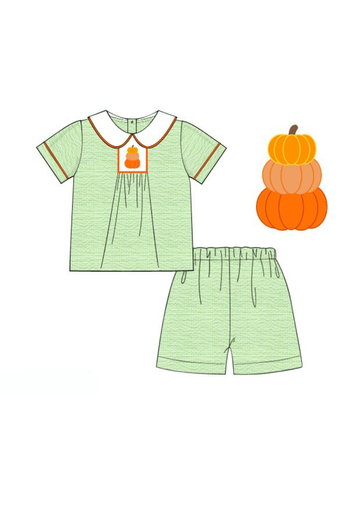 The Smocked Flamingo Apparel & Accessories Pre-Order Green Seersucker Pumpkin Short Set