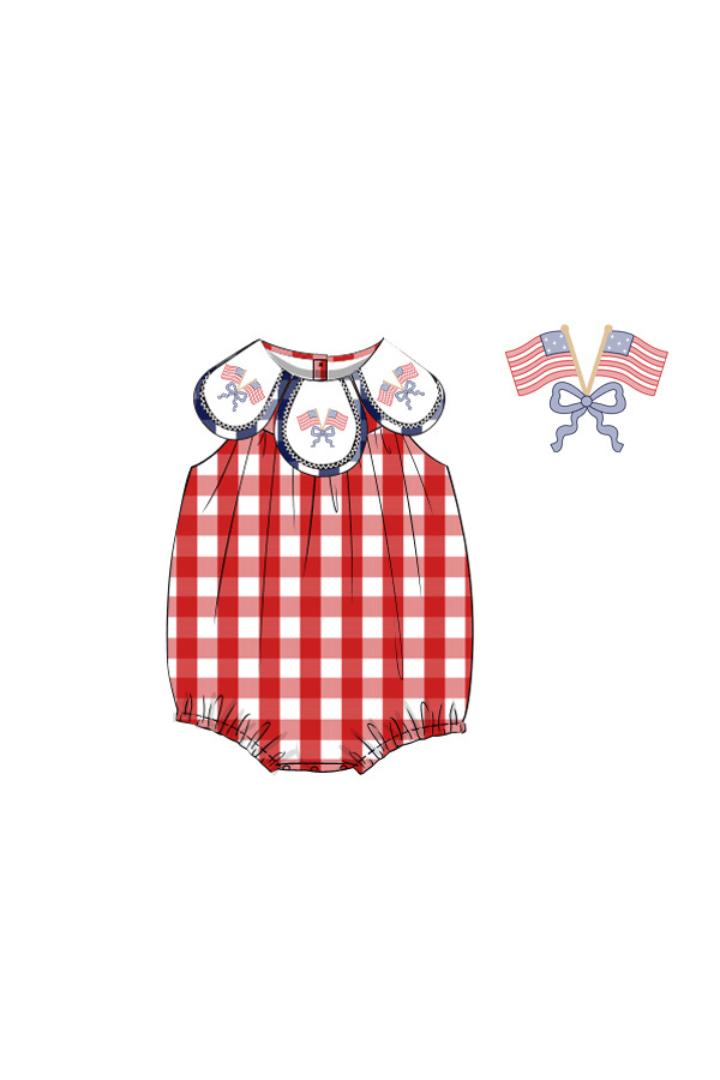 The Smocked Flamingo Apparel & Accessories Pre-Order Hand Embroidered American Flag Red Buffalo Check Tulip Bubble