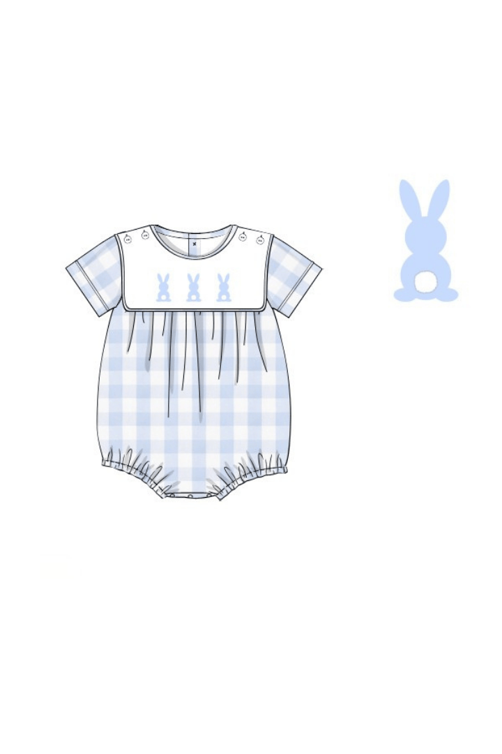 The Smocked Flamingo Apparel & Accessories Pre-Order Hand Embroidered Bunny Blue Buffalo Check Tab Bubble