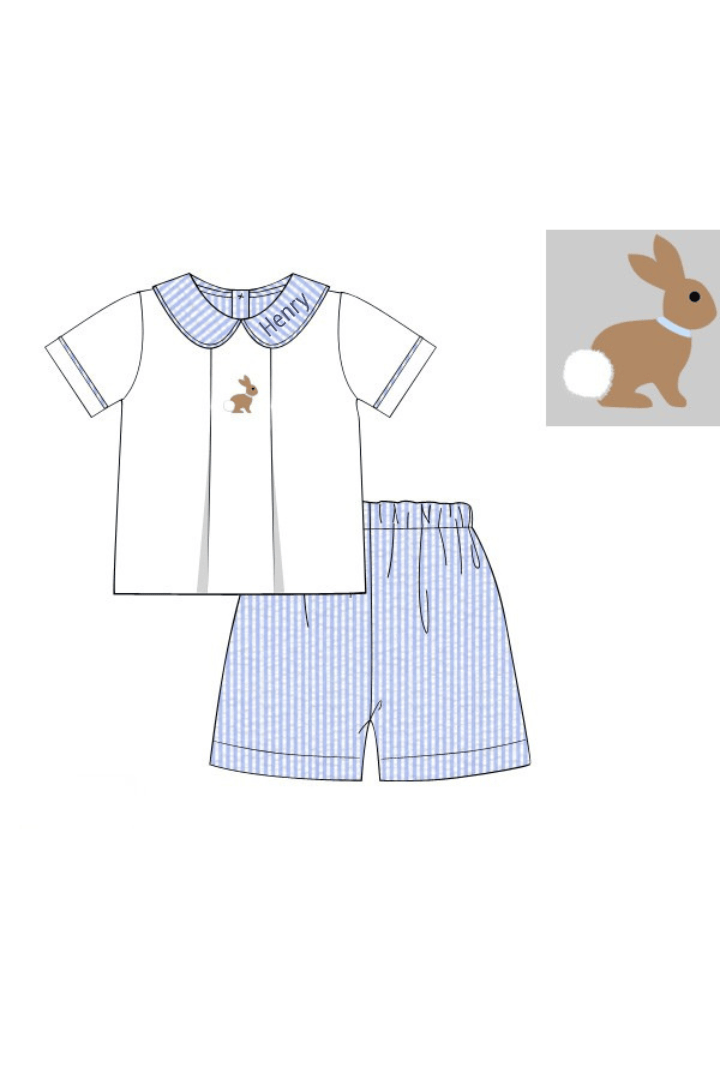The Smocked Flamingo Apparel & Accessories Pre-order Hand Embroidered Bunny Blue Seersucker Short Set
