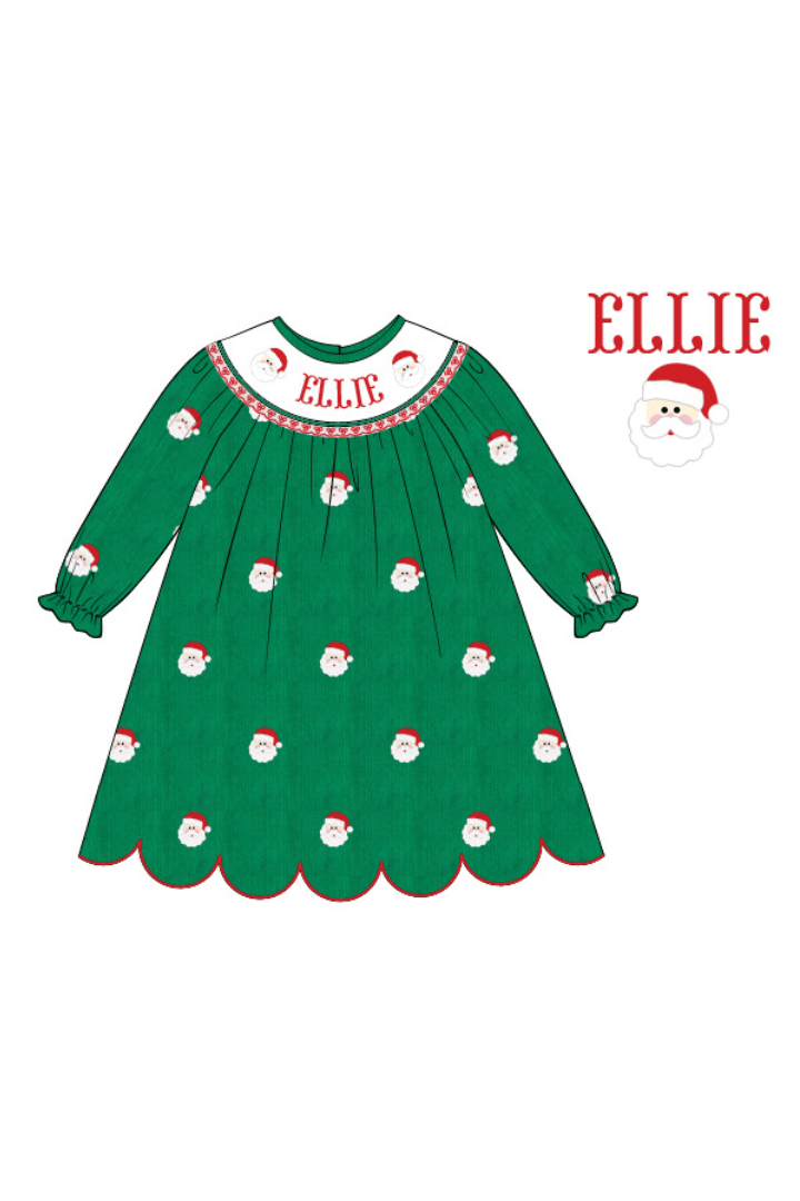 Pre-Order Hand Smocked Custom Name Embroidered Santa Green Corduroy Dress 3