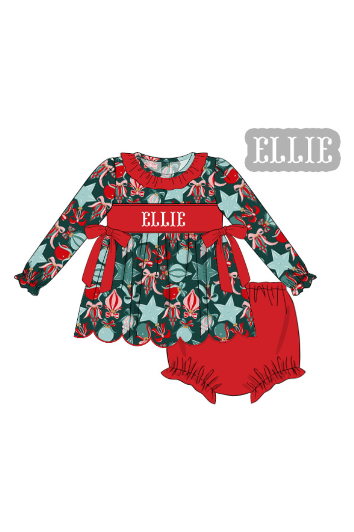 The Smocked Flamingo Apparel & Accessories Pre-Order Hand Smocked Custom Name Festive Ornaments Bow Bloomer Set