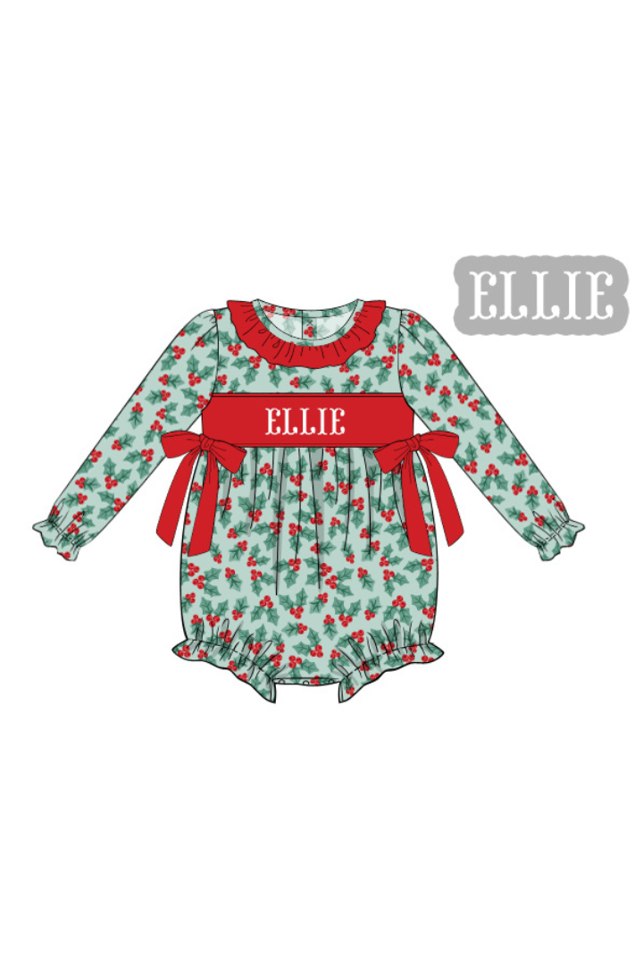 The Smocked Flamingo Apparel & Accessories Pre-Order Hand Smocked Custom Name Holly Bow Honeycomb Bubble