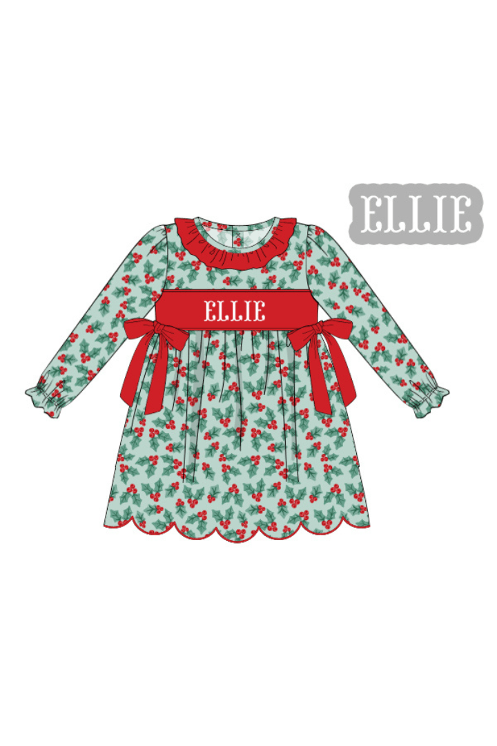 The Smocked Flamingo Apparel & Accessories Pre-Order Hand Smocked Custom Name Holly Bow Honeycomb Dress