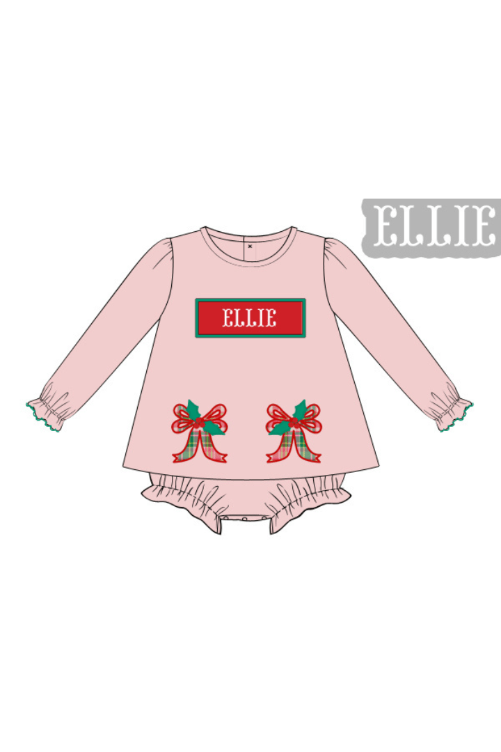 The Smocked Flamingo Apparel & Accessories Pre-Order Hand Smocked Custom Name Pink Corduroy Christmas Bow Skirted Bubble