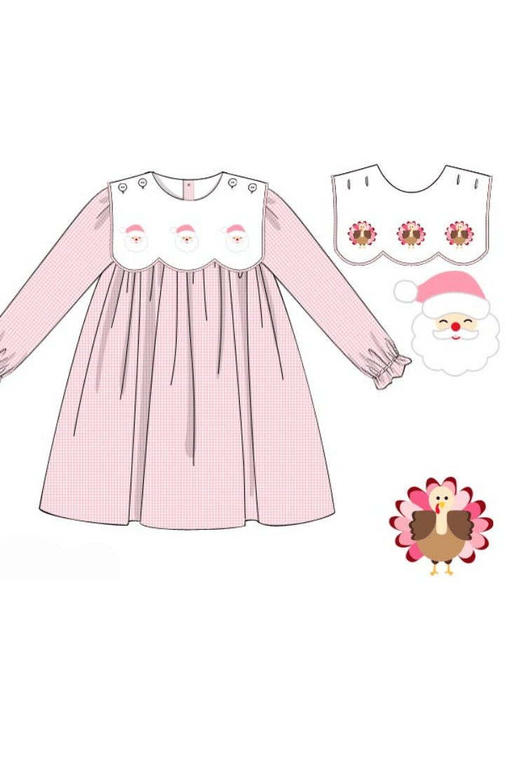 The Smocked Flamingo Apparel & Accessories Pre-Order Interchangeable Turkey/Santa Pink Windowpane Romper Dress