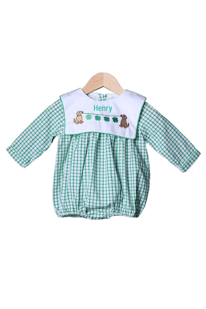The Smocked Flamingo Apparel & Accessories Pre-Order Lucky Pup Embroidered Green Windowpane Bib Bubble