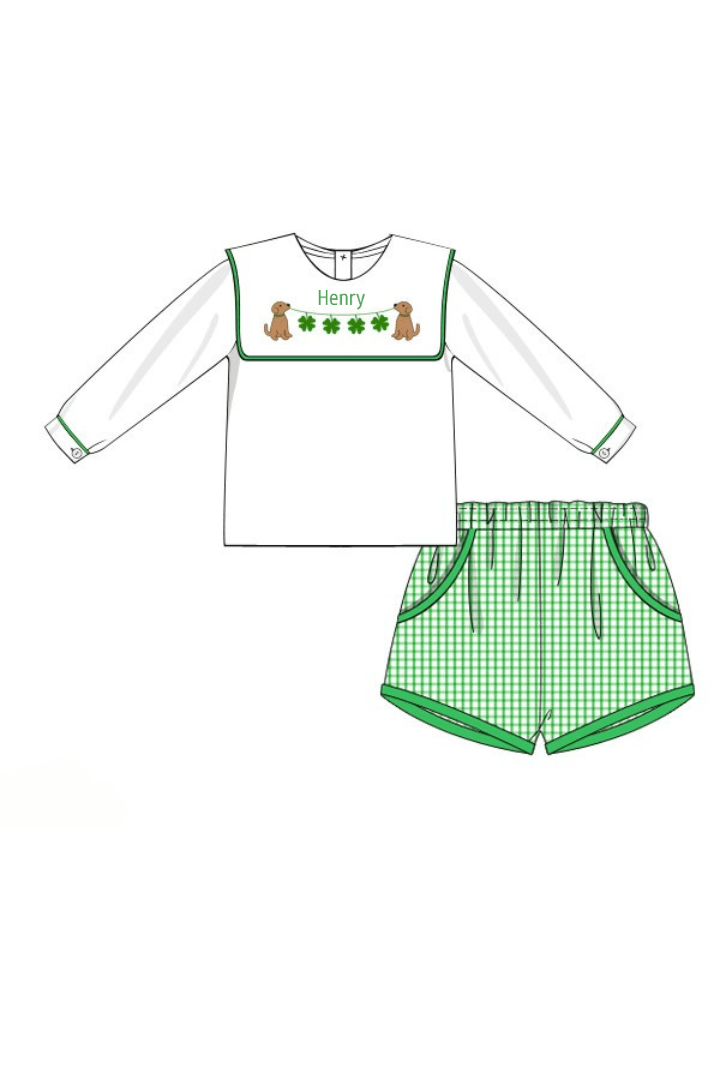 The Smocked Flamingo Apparel & Accessories Pre-Order Lucky Pup Embroidered Windowpane Bib Short Set
