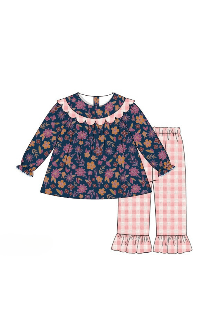 The Smocked Flamingo Apparel & Accessories Pre-Order Navy Fall Floral Scalloped Pant Set