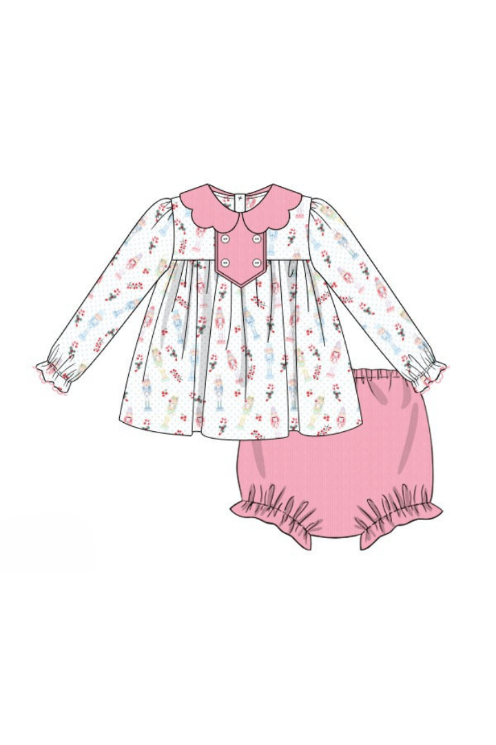The Smocked Flamingo Apparel & Accessories Pre-Order Nutcracker Pink Corduroy Scalloped Bloomer Set