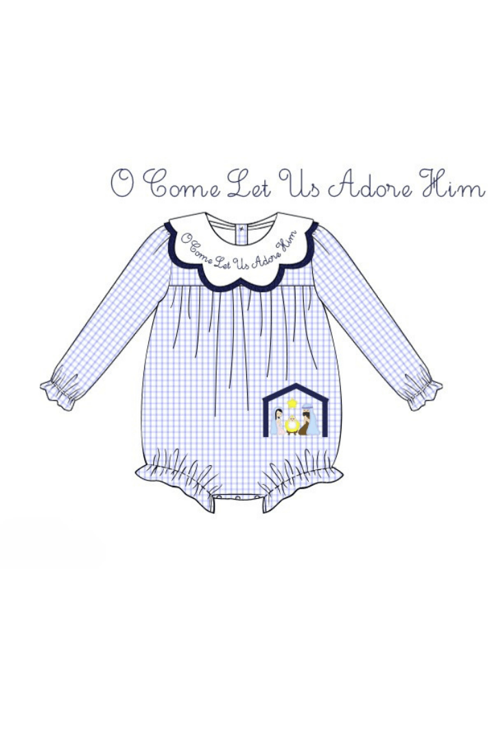 The Smocked Flamingo Apparel & Accessories Pre-Order O Come Let Us Adore Him Blue Windowpane Bubble