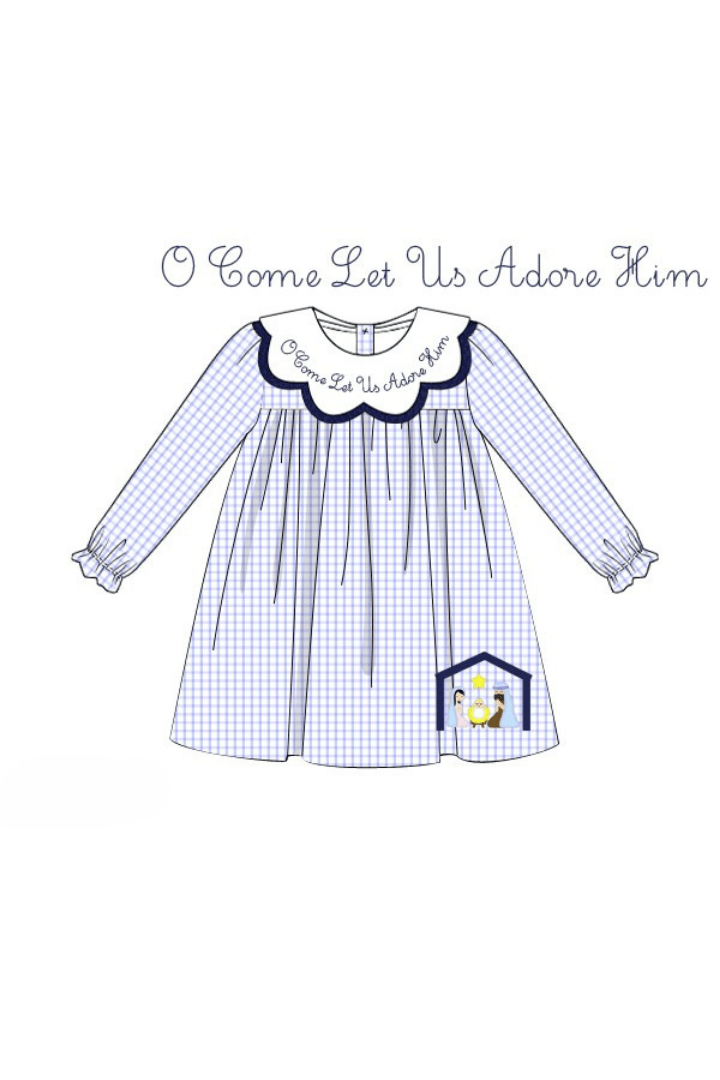 The Smocked Flamingo Apparel & Accessories Pre-Order O Come Let Us Adore Him Blue Windowpane Dress