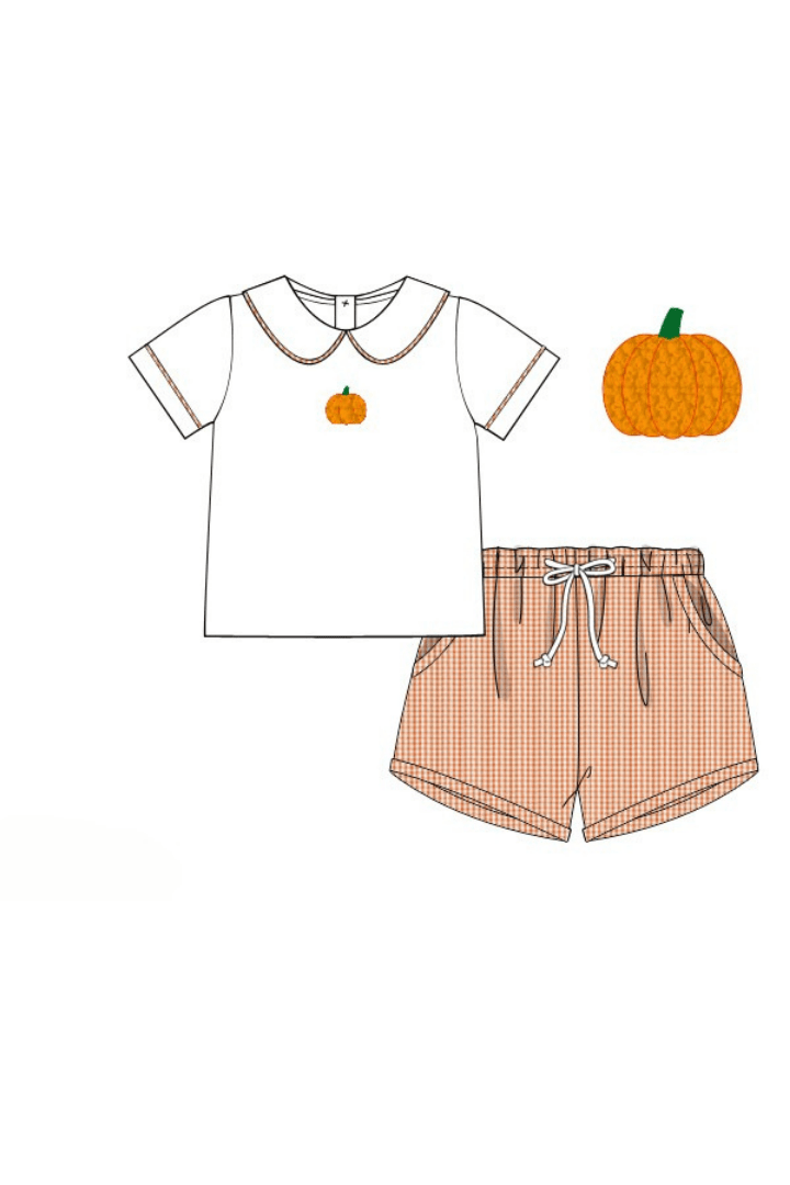 The Smocked Flamingo Apparel & Accessories Pre-Order Orange Seersucker Gingham Pumpkin Short Set