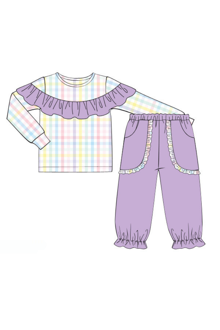 The Smocked Flamingo Apparel & Accessories Pre-Order Pastel Plaid and Lavender Knit Ruffle Jogger Set
