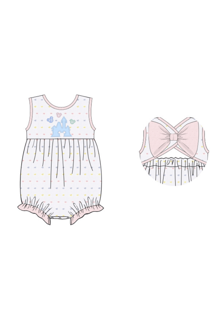 The Smocked Flamingo Apparel & Accessories Pre-Order Pastel Swiss Dot Applique Magical Castle Bow Set
