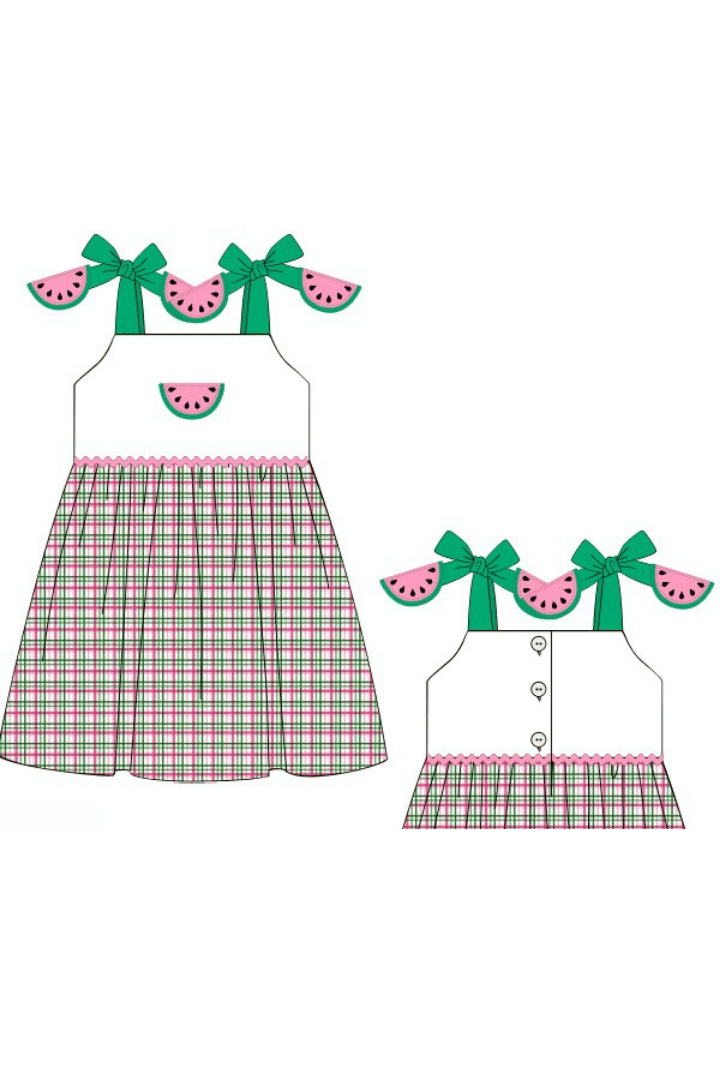 The Smocked Flamingo Apparel & Accessories Pre-Order Pink and Green Watermelon Plaid Dress