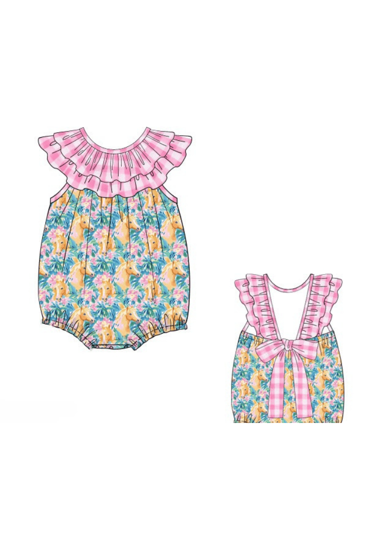 The Smocked Flamingo Apparel & Accessories Pre-Order Pink Ruffle Floral Horse Bubble