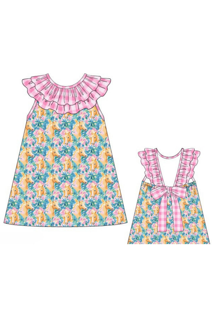The Smocked Flamingo Apparel & Accessories Pre-Order Pink Ruffle Floral Horse Dress