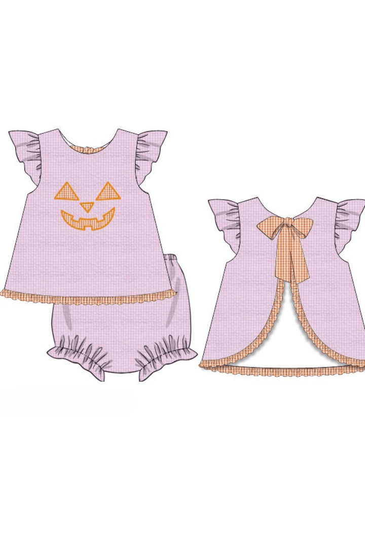 The Smocked Flamingo Apparel & Accessories Pre-Order Pink Seersucker Jack O Lantern Bloomer Set