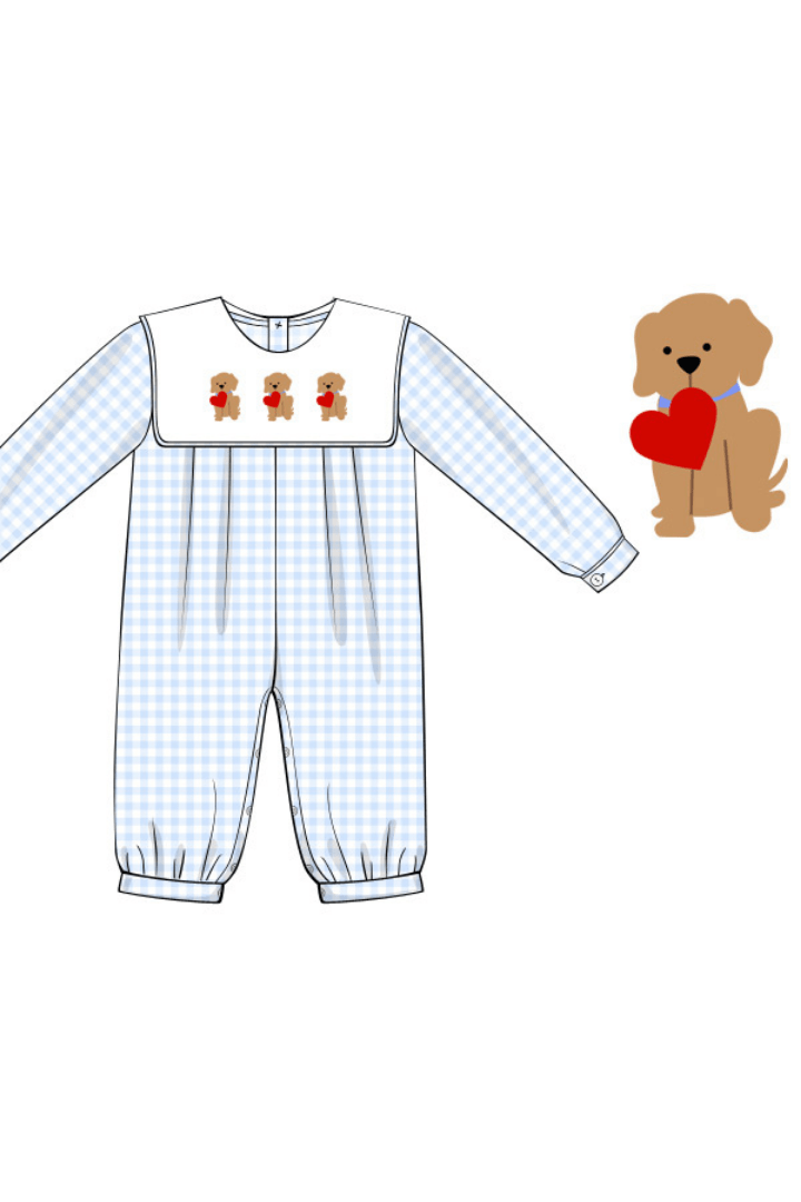 The Smocked Flamingo Apparel & Accessories Pre-Order Puppy Love Blue Gingham Romper