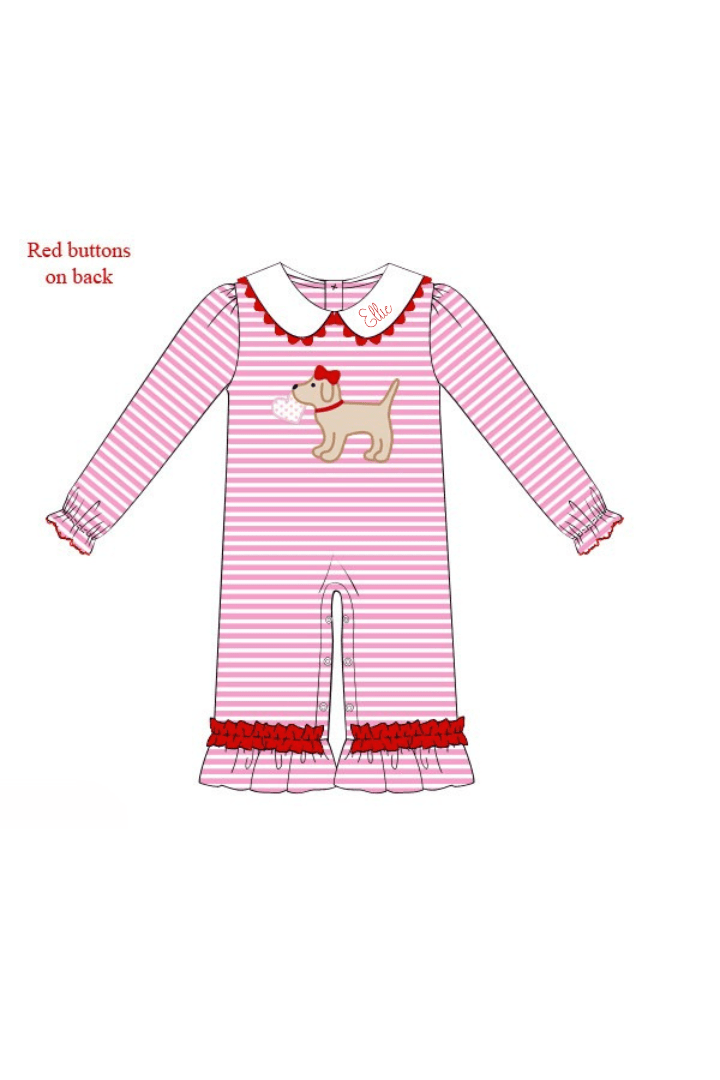 The Smocked Flamingo Apparel & Accessories Pre-Order Puppy Love Pink Stripe Ruffle Romper
