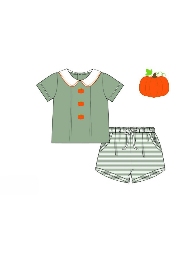 The Smocked Flamingo Apparel & Accessories Pre-Order Sage Stripe Pumpkin Short Set