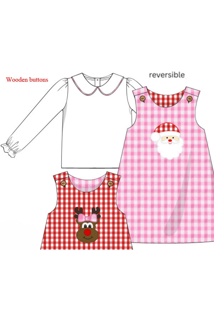 The Smocked Flamingo Apparel & Accessories Pre-Order Santa/Reindeer Reversible Applique Gingham Dress