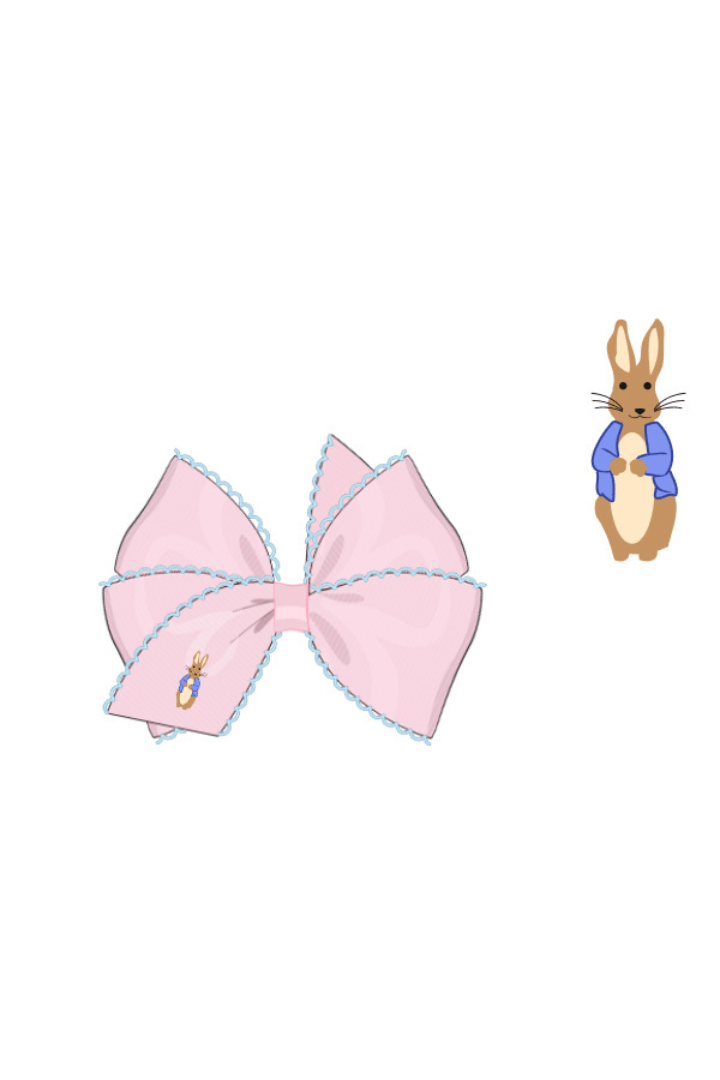 The Smocked Flamingo Apparel & Accessories Pre-Order Scalloped Edge Grosgrain Bow with Embroidered Bunny Pink/Blue