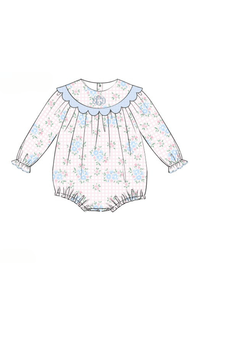 The Smocked Flamingo Apparel & Accessories Pre-Order Scalloped Pink Floral and Blue Gingham Pique Bubble