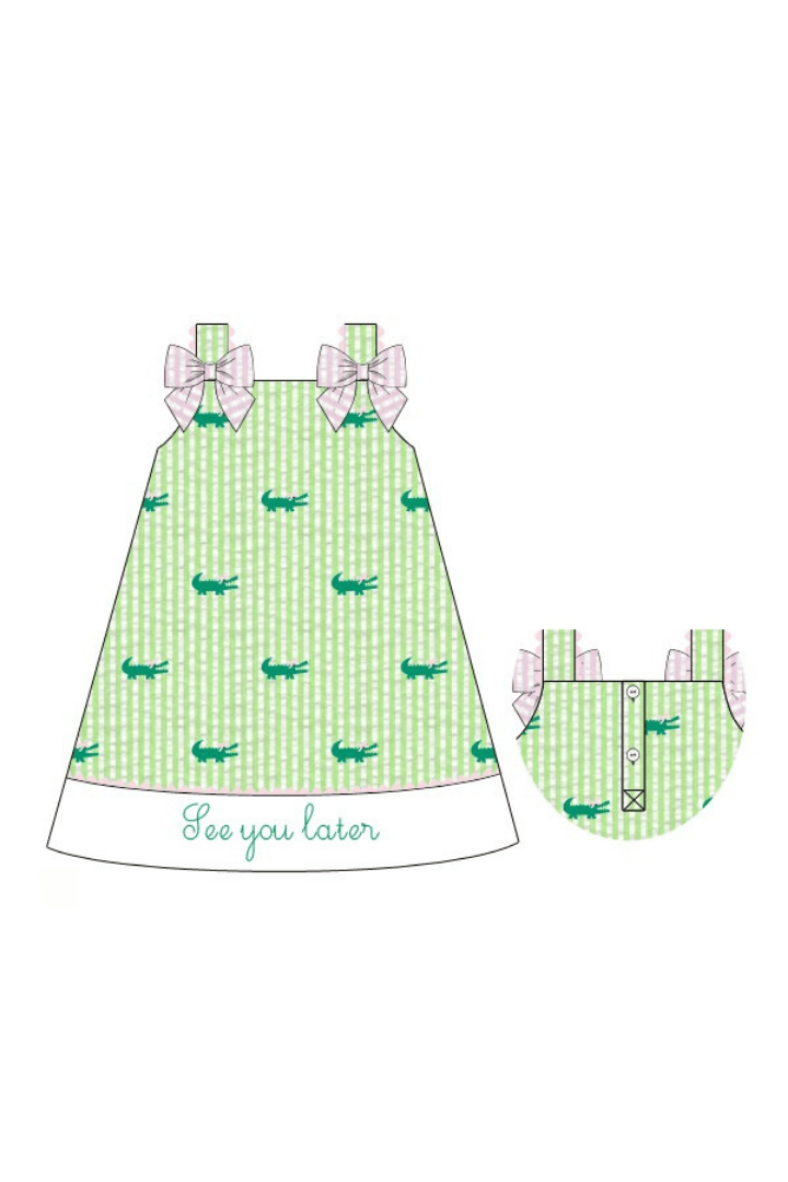 The Smocked Flamingo Apparel & Accessories Pre-Order See Ya Later, Alligator Seersucker Bow Dress