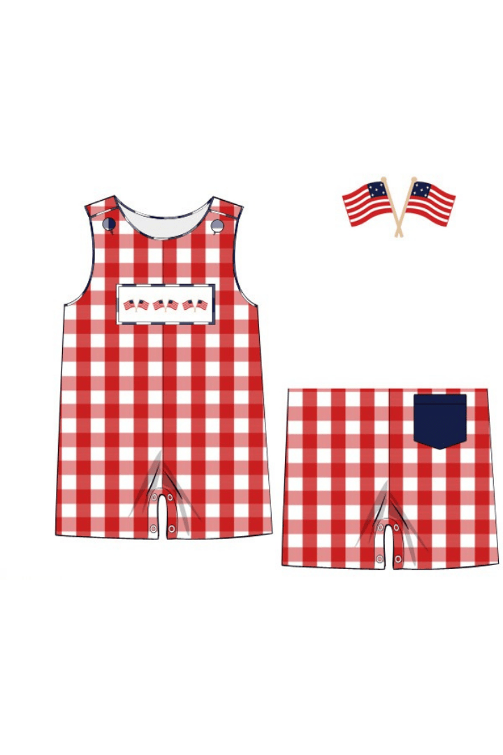 The Smocked Flamingo Apparel & Accessories Pre-Order Smocked American Flag Red Buffalo Check Jon Jon