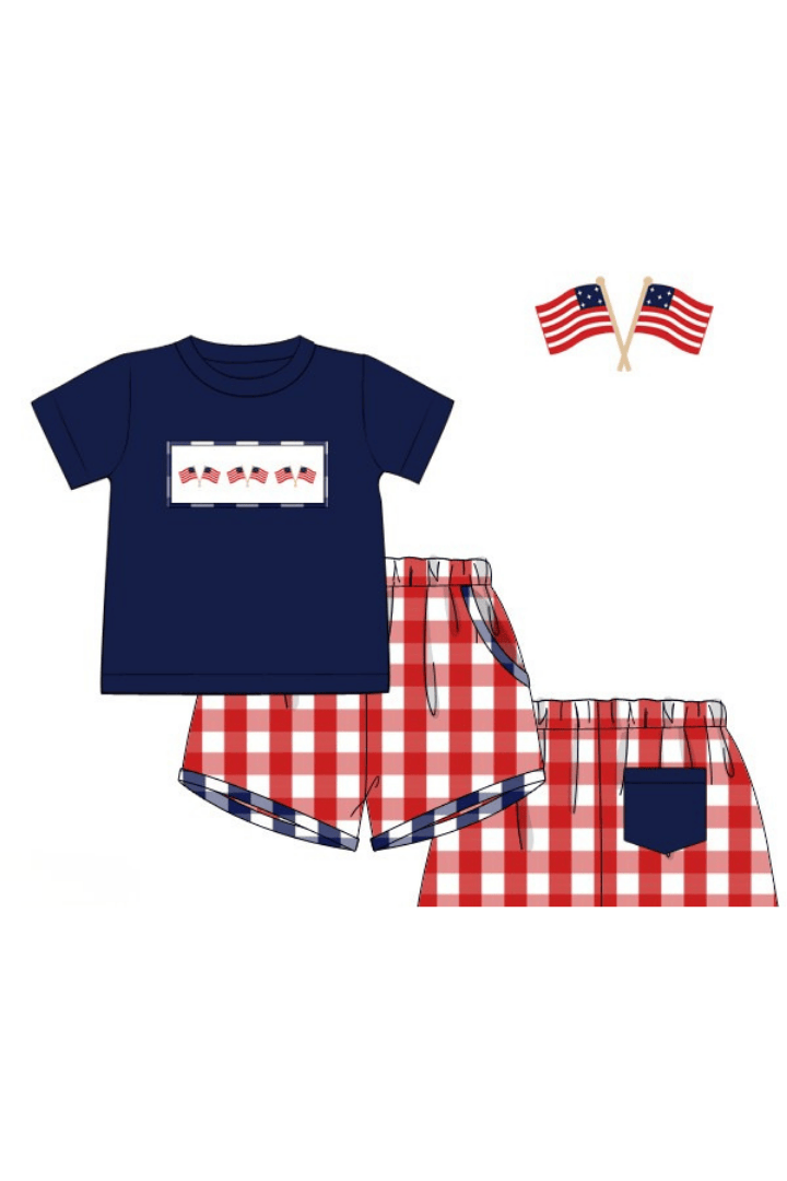 The Smocked Flamingo Apparel & Accessories Pre-Order Smocked American Flag Red Buffalo Check Short Set