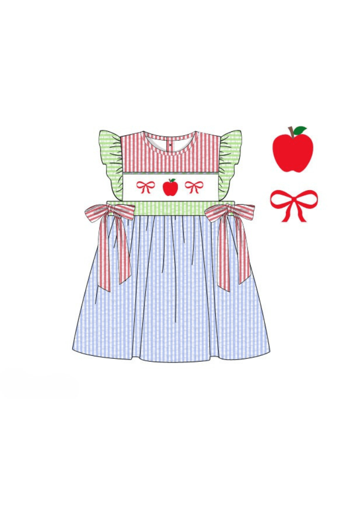 The Smocked Flamingo Apparel & Accessories Pre-Order Smocked Apple and Bows Seersucker Dress