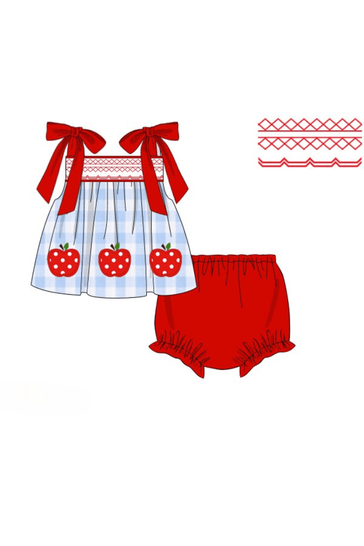 The Smocked Flamingo Apparel & Accessories Pre-Order Smocked Apple Red/Blue Gingham Tie Bloomer Set