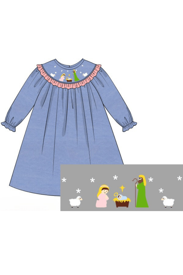 The Smocked Flamingo Apparel & Accessories Pre-Order Smocked Away In a Manger Blue Velvet Dress