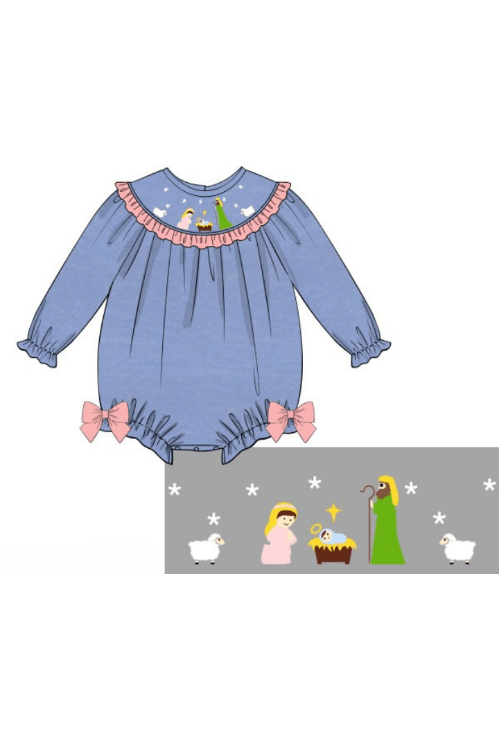 The Smocked Flamingo Apparel & Accessories Pre-Order Smocked Away In a Manger Blue Velvet Ruffle Bubble