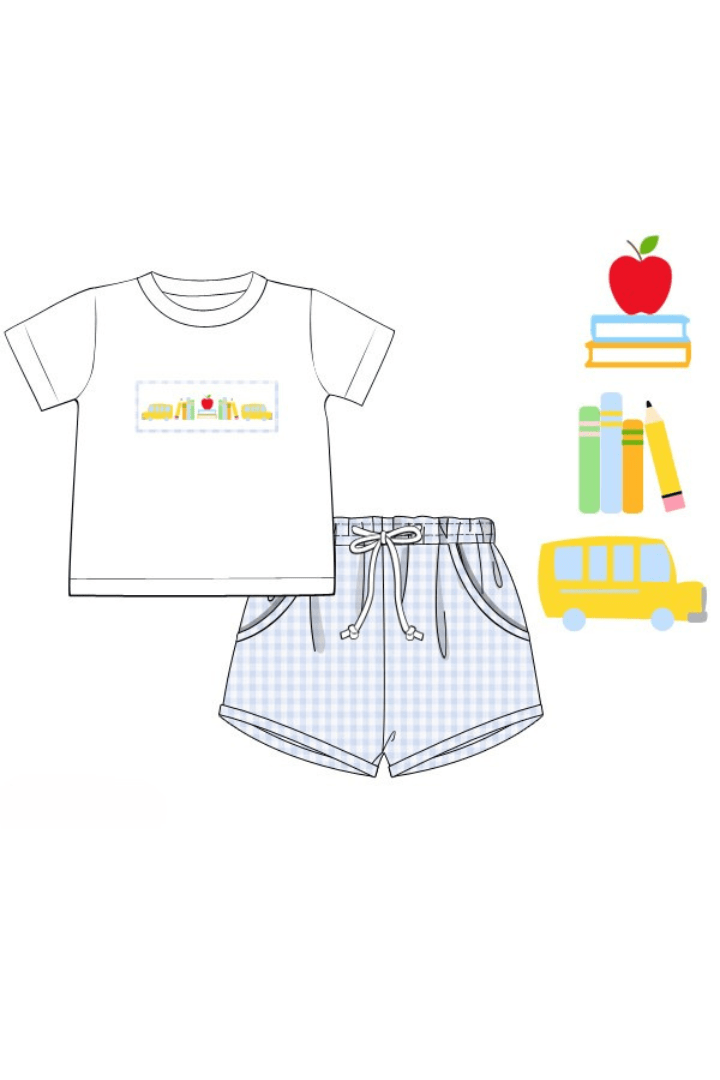 The Smocked Flamingo Apparel & Accessories Pre-Order Smocked Back To School Blue Gingham Short Set