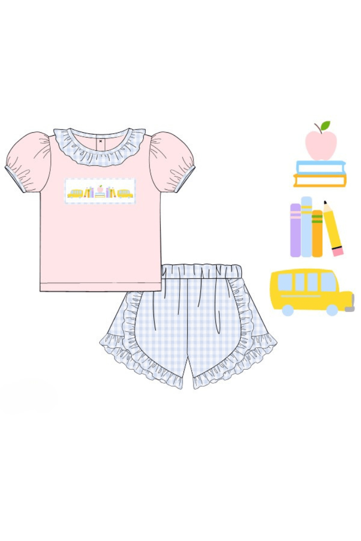 The Smocked Flamingo Apparel & Accessories Pre-Order Smocked Back To School Pink/Blue Gingham Ruffle Short Set