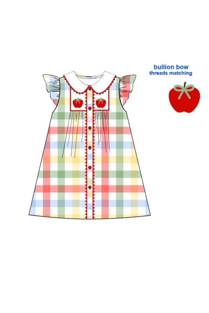 The Smocked Flamingo Apparel & Accessories Pre-Order Smocked Back To School Plaid Apple Dress
