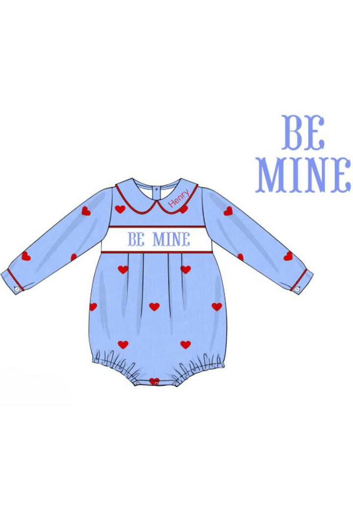 The Smocked Flamingo Apparel & Accessories Pre-Order Smocked Be Mine Embroidered Heart Blue Corduroy Bubble
