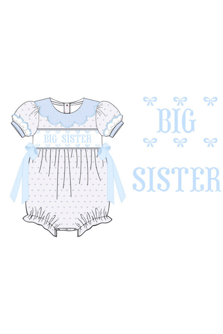 The Smocked Flamingo Apparel & Accessories Pre-Order Smocked Big Sister Blue and White Swiss Dot Bow Bubble