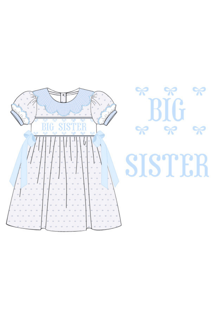 The Smocked Flamingo Apparel & Accessories Pre-Order Smocked Big Sister Blue and White Swiss Dot Bow Dress