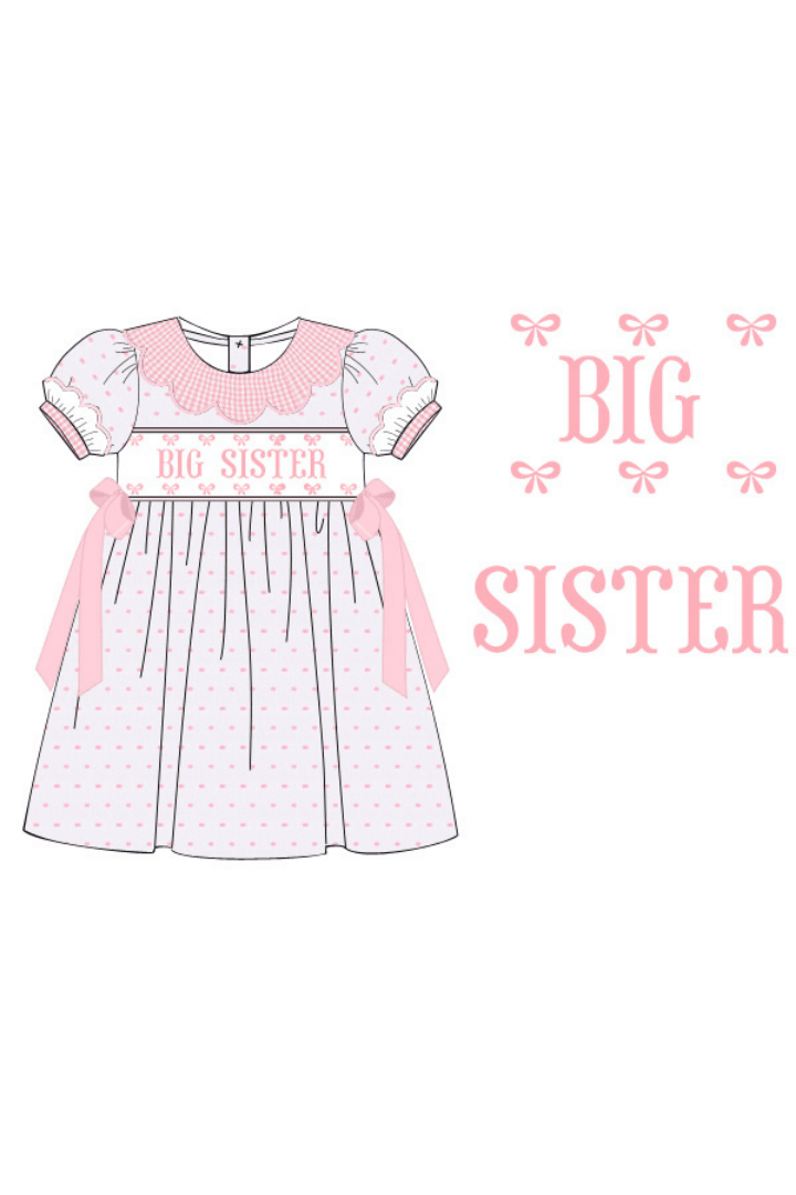 The Smocked Flamingo Apparel & Accessories Pre-Order Smocked Big Sister Pink and White Swiss Dot Bow Dress